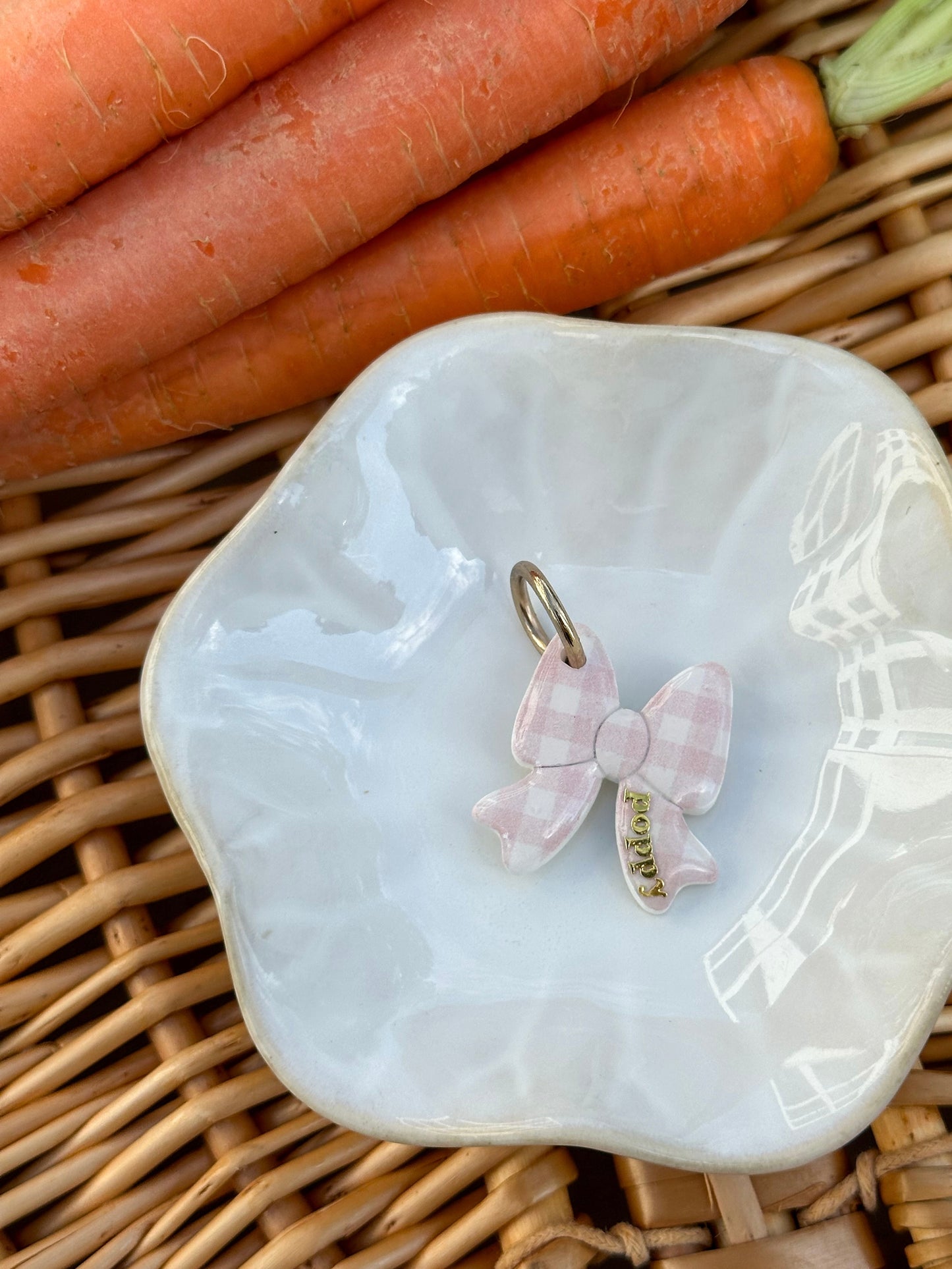 PINK GINGHAM BOW- Clay Pet ID Tag