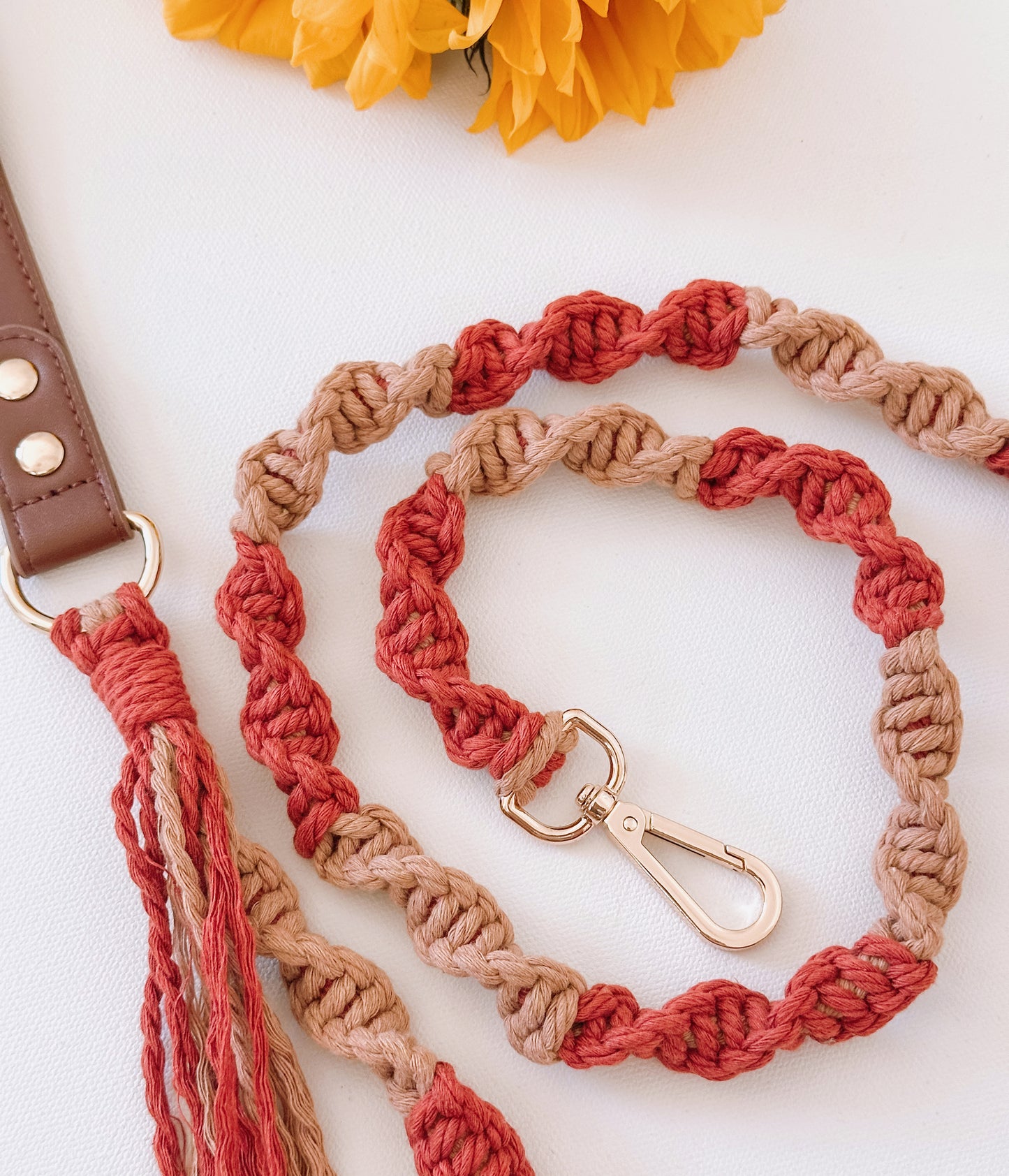 Two-Tone Macrame Vegan Handle Leather Leash
