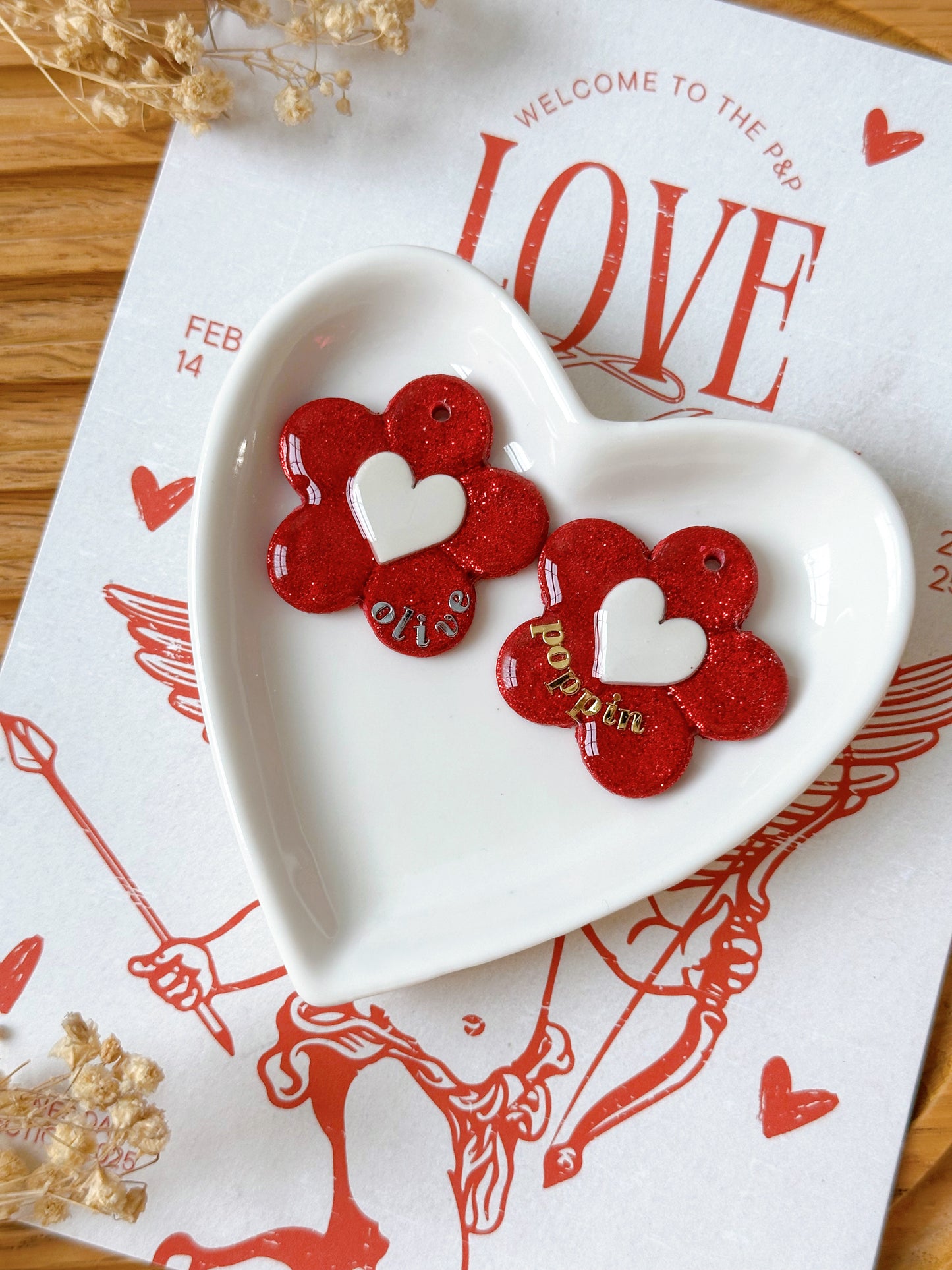 GLITTER HEART FLOWER- Clay Pet ID Tag